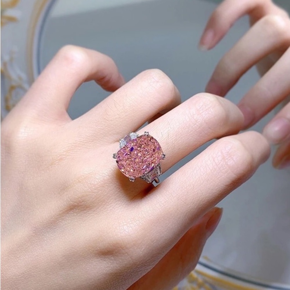 Oval, Round & Baguette Cut Pink & White Diamond Ring - Picture 2 of 16